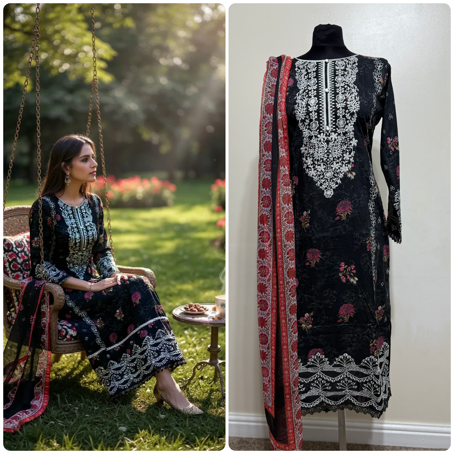 Designer Inspired by Afrozeh - 3 Piece Outfit Salwar Kameez Pakistan Fashion (Black Red) AF3