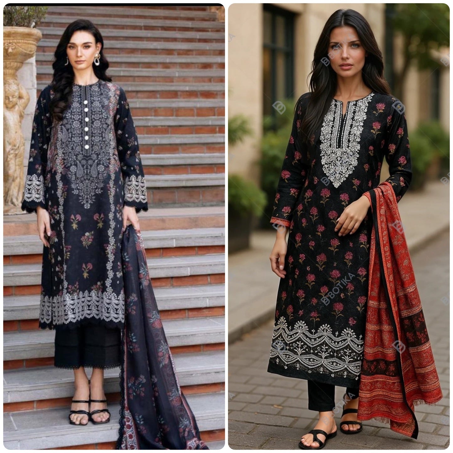 Designer Inspired by Afrozeh - 3 Piece Outfit Salwar Kameez Pakistan Fashion (Black Red) AF3