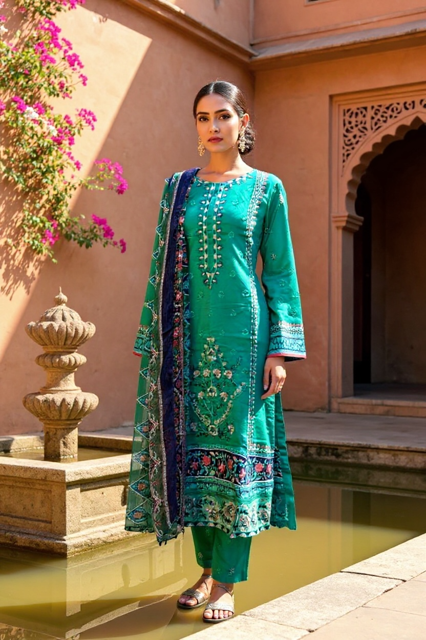 Designer Inspired by Maria B - 3 Piece Outfit Salwar Kameez Pakistan Fashion (Emerald Green)