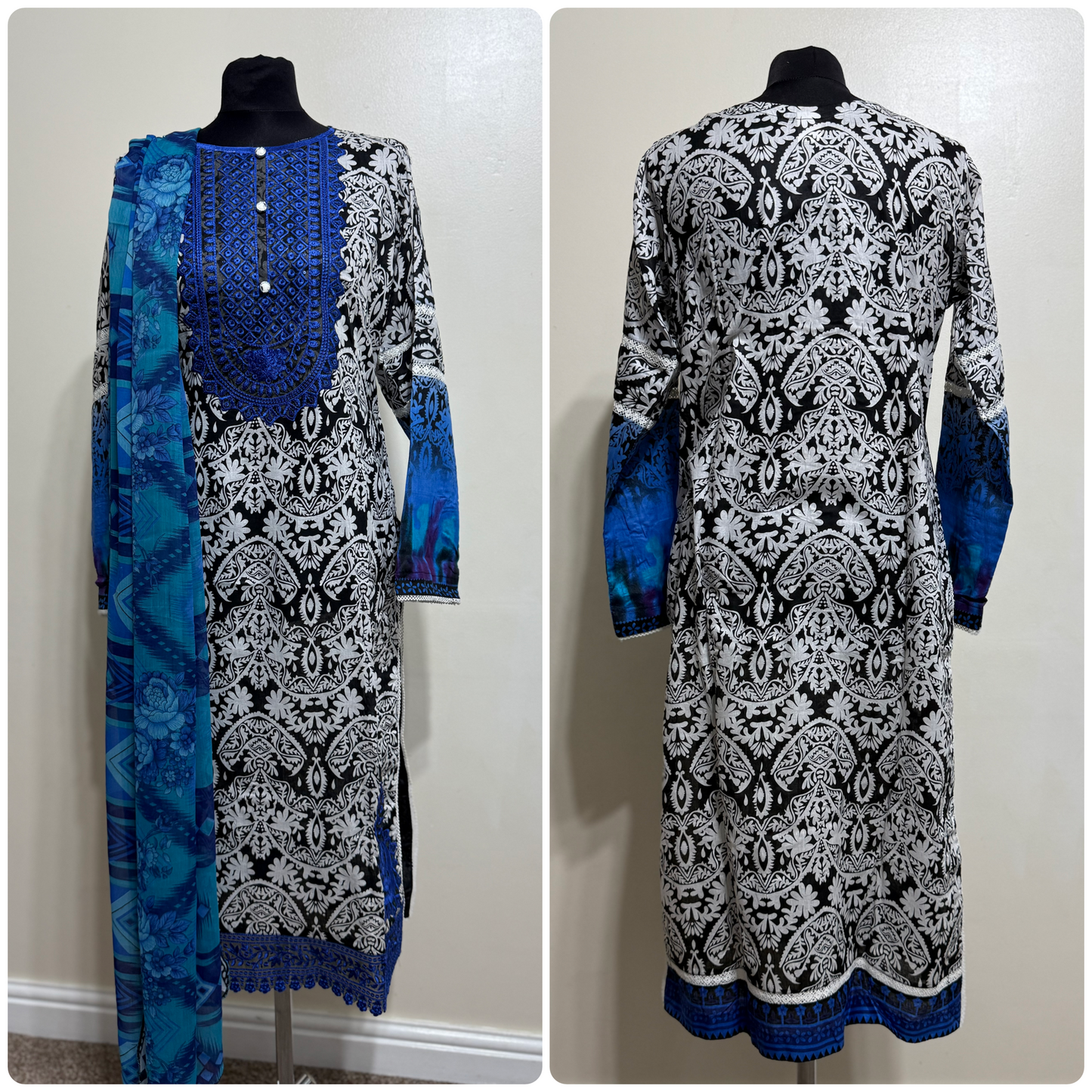 Designer Inspired by Zainab Chottani - 3 Piece Outfit Salwar Kameez Pakistan Fashion (Blue/Black) ZC1