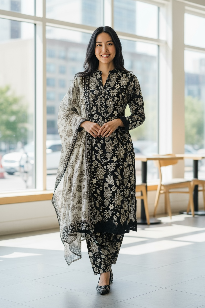 Designer Inspired by Baroque - 3 Piece Outfit Salwar Kameez Pakistan Fashion (Black Floral) BR1