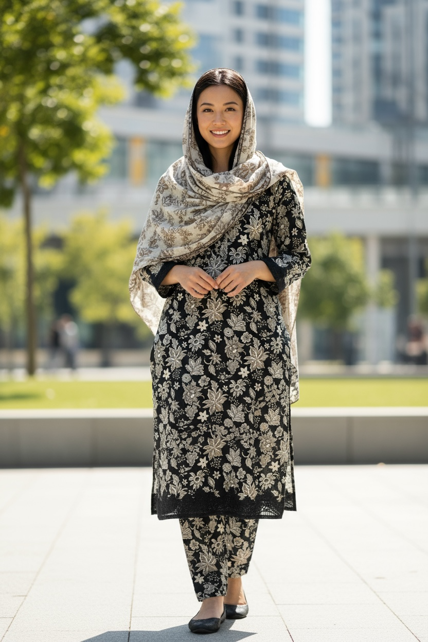 Designer Inspired by Baroque - 3 Piece Outfit Salwar Kameez Pakistan Fashion (Black Floral) BR1
