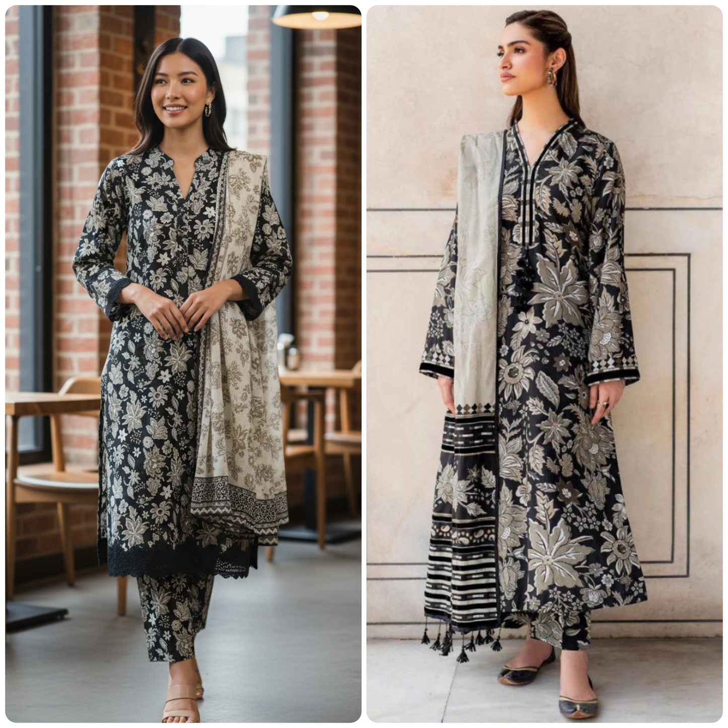 Designer Inspired by Baroque - 3 Piece Outfit Salwar Kameez Pakistan Fashion (Black Floral) BR1