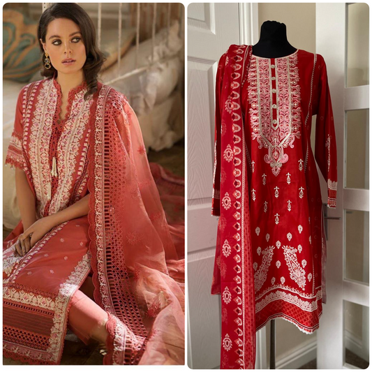 3 Piece Stitched Lawn Suit - Inspired by Sobia Nasir (Red)