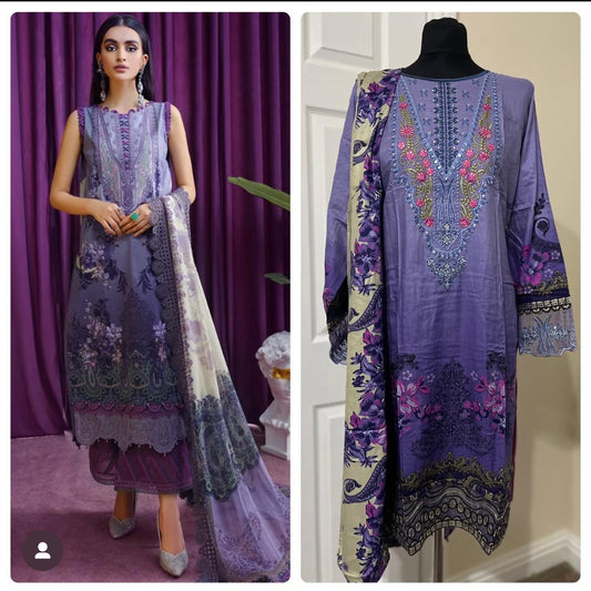 3 Piece Stitched Lawn Suit - Inspired by Jade (Purple) - Large Size
