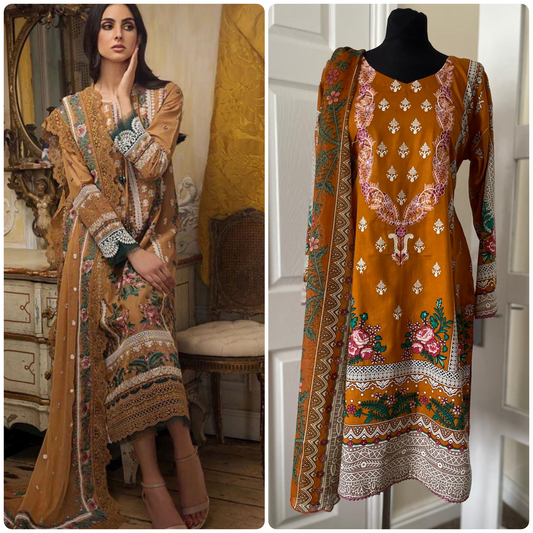 3 Piece Stitched Lawn Suit - Inspired by Sobia Nasir (Mustard)