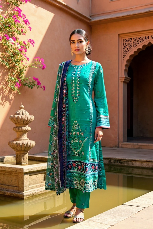 Designer Inspired by Maria B - 3 Piece Outfit Salwar Kameez Pakistan Fashion (Emerald Green)