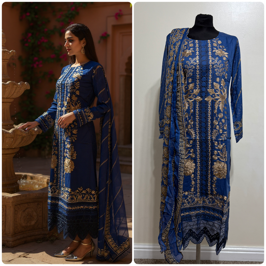 Designer Inspired by Maria B - 3 Piece Outfit Salwar Kameez Pakistan Fashion (Blue)