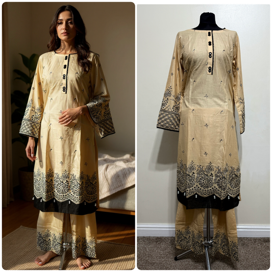Designer Inspired by Iznik - 2 Piece Outfit Salwar Kameez Pakistan Fashion (Cream)