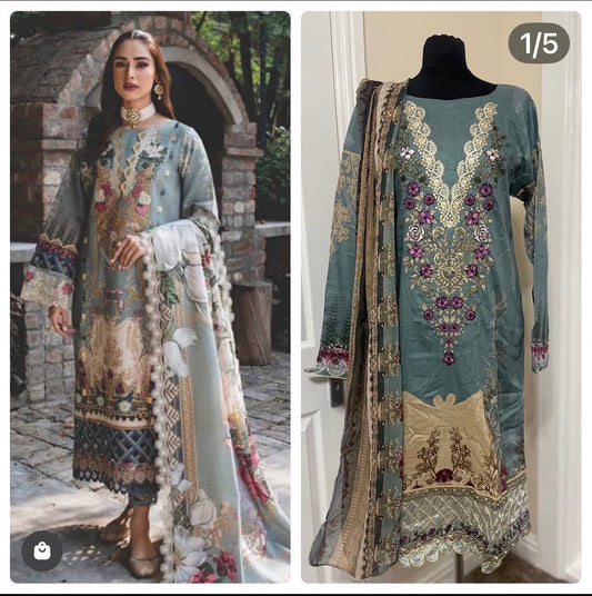 3 Piece Stitched Lawn Suit - Inspired by Firdous (Powder Blue)