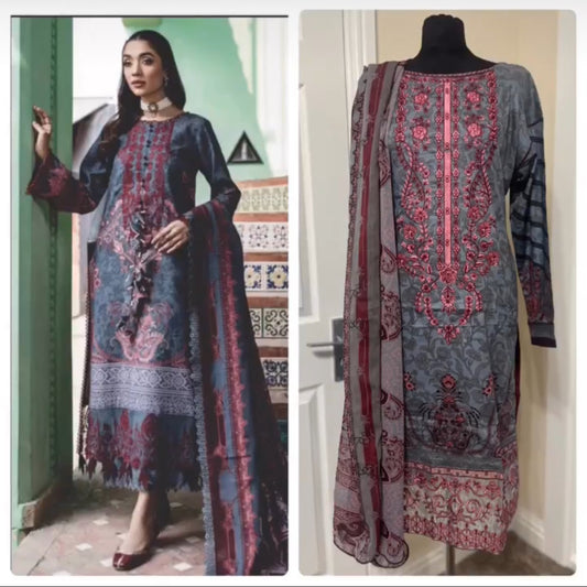 3 Piece Stitched Lawn Suit - Inspired by Firdous (Grey Pink) - Small Size