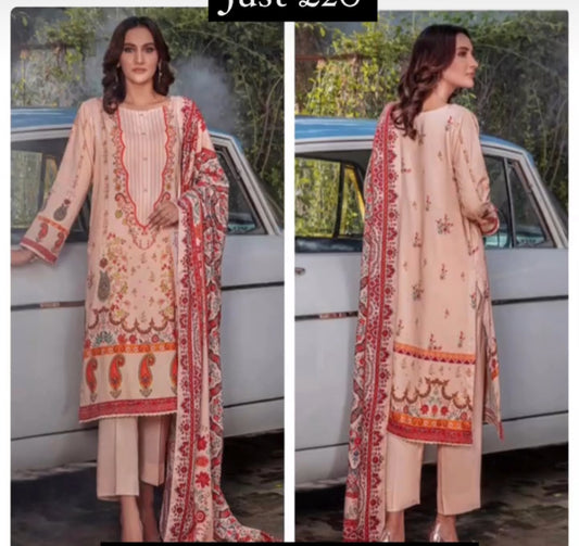 3 Piece Stitched Lawn Suit - Amaya Suits (Skin Pink)