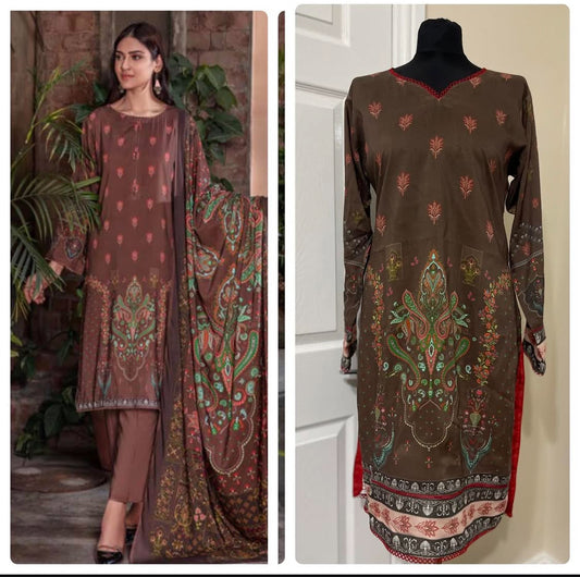 3 Piece Stitched Lawn Suit - Amaya Suits (Brown)