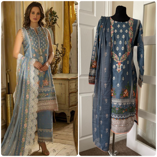 3 Piece Stitched Lawn Suit - Inspired by Sobia Nasir (Grey Blue)