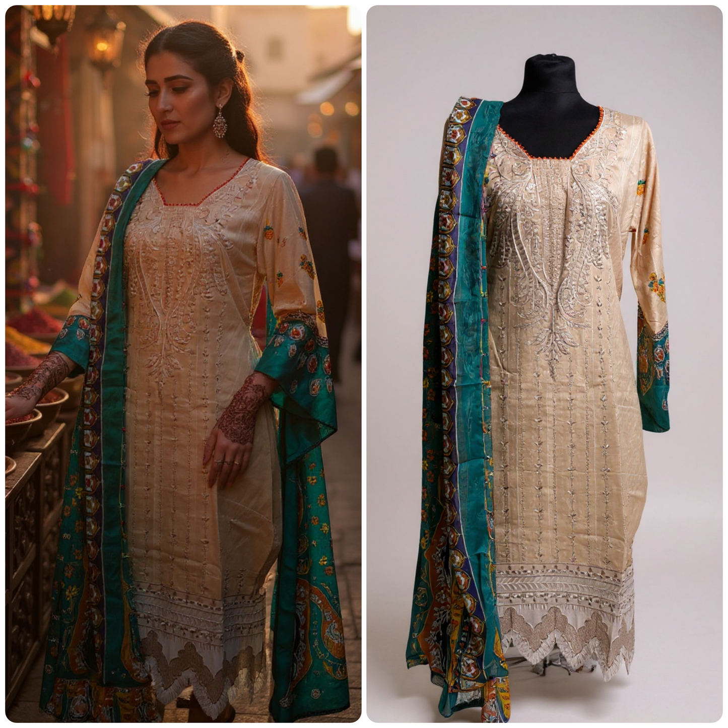 Designer Inspired by Maria B - 3 Piece Outfit Salwar Kameez Pakistan Fashion (Peach)