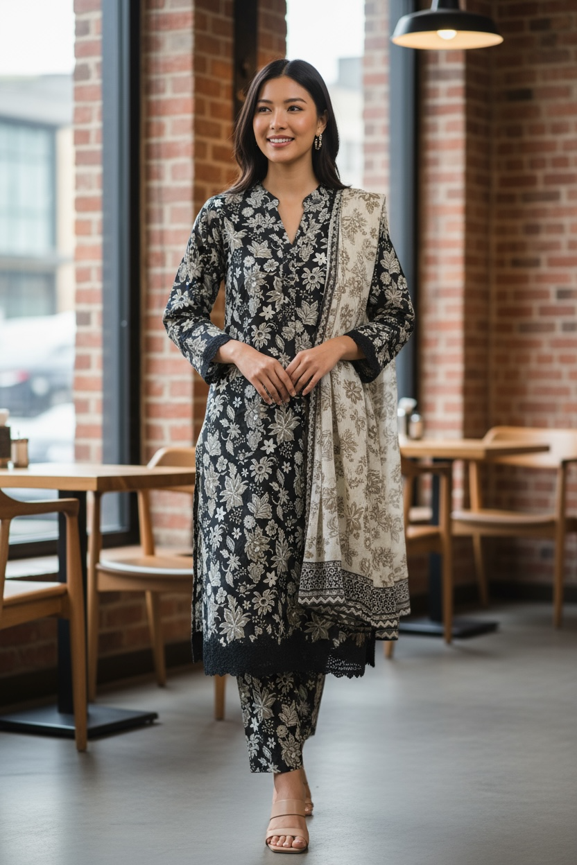 Designer Inspired by Baroque - 3 Piece Outfit Salwar Kameez Pakistan Fashion (Black Floral) BR1