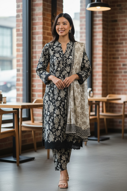 Designer Inspired by Baroque - 3 Piece Outfit Salwar Kameez Pakistan Fashion (Black Floral) BR1