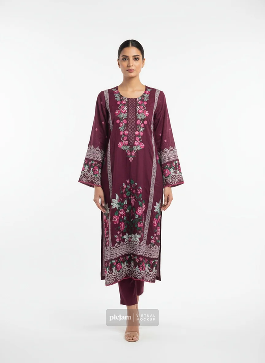3 Piece Stitched Suit - Inspired by Sobia Nasir (Dark Pink)